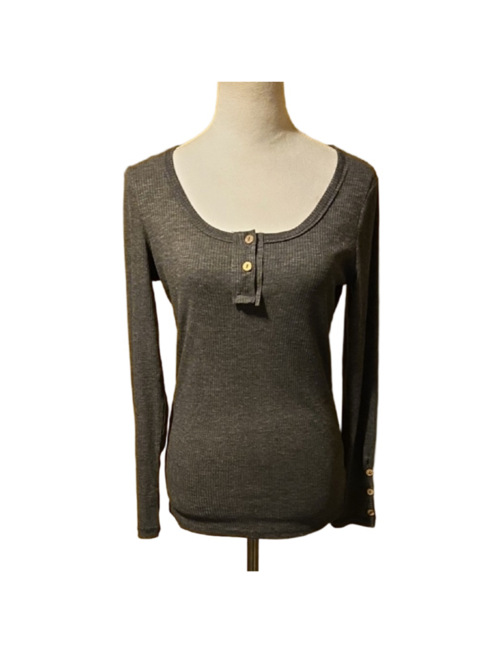 Brand New Women's Grey Henley Long Sleeve Ribbed Fitted Top. M